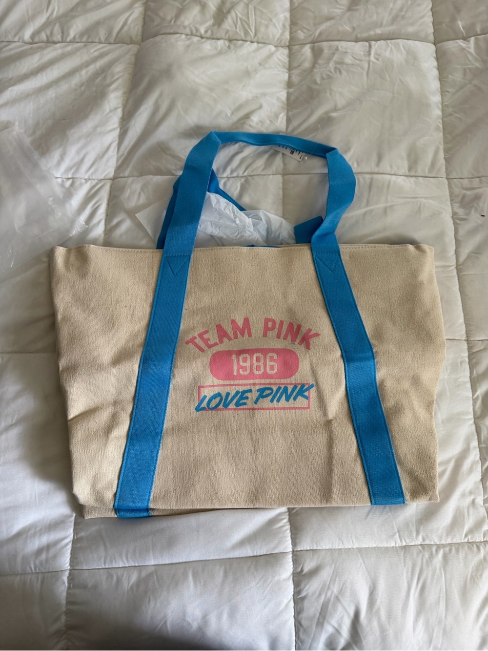 PINK Victoria's Secret Canvas Tote - Cream Body with Blue Straps & Pink Print